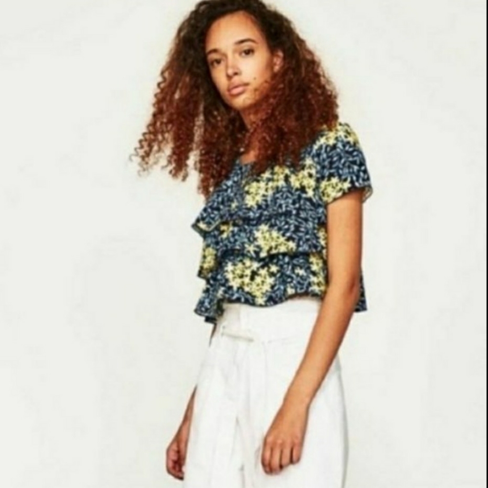 ZARA Basic Floral Tiered Ruffle Crop Top - Picture 8 of 9